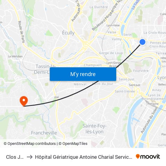 Clos Jouve to Hôpital Gériatrique Antoine Charial Services Administratifs map