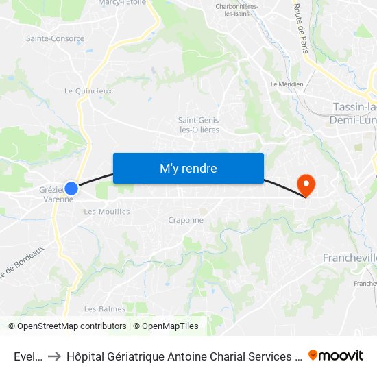Evellier to Hôpital Gériatrique Antoine Charial Services Administratifs map
