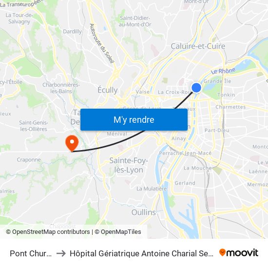Pont Churchill Rd to Hôpital Gériatrique Antoine Charial Services Administratifs map
