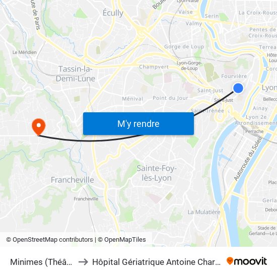 Minimes (Théâtres Romains) to Hôpital Gériatrique Antoine Charial Services Administratifs map