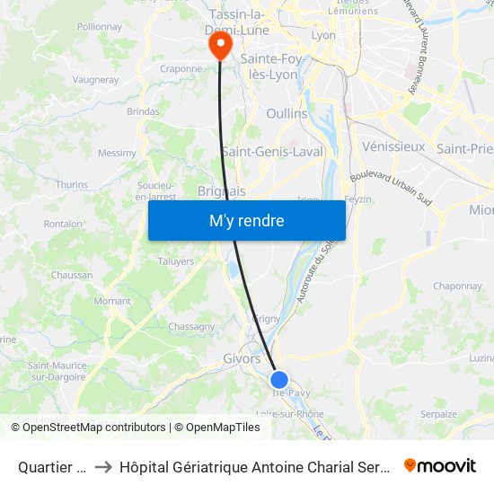 Quartier Rhône to Hôpital Gériatrique Antoine Charial Services Administratifs map