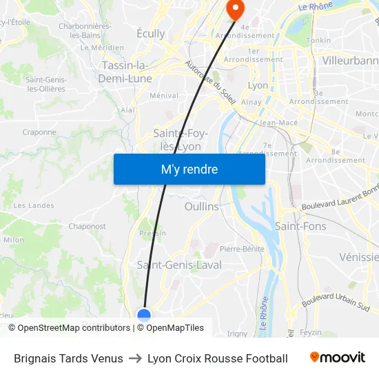 Brignais Tards Venus to Lyon Croix Rousse Football map