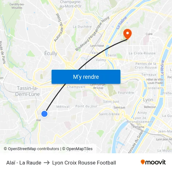 Alaï - La Raude to Lyon Croix Rousse Football map