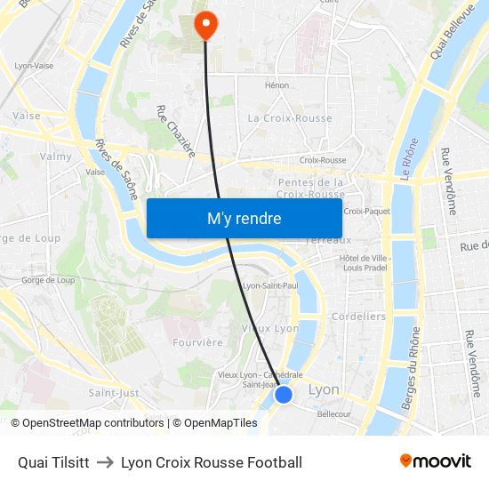 Quai Tilsitt to Lyon Croix Rousse Football map