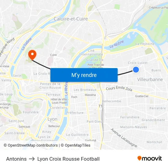 Antonins to Lyon Croix Rousse Football map