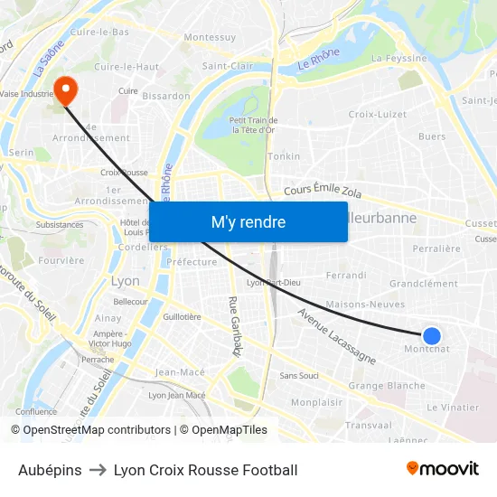 Aubépins to Lyon Croix Rousse Football map