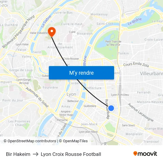 Bir Hakeim to Lyon Croix Rousse Football map