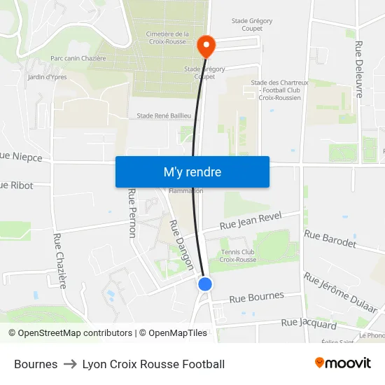 Bournes to Lyon Croix Rousse Football map