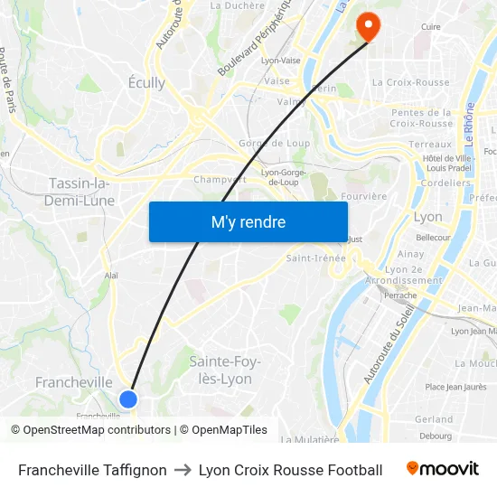Francheville Taffignon to Lyon Croix Rousse Football map