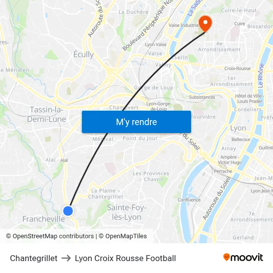 Chantegrillet to Lyon Croix Rousse Football map