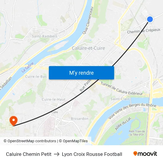 Caluire Chemin Petit to Lyon Croix Rousse Football map