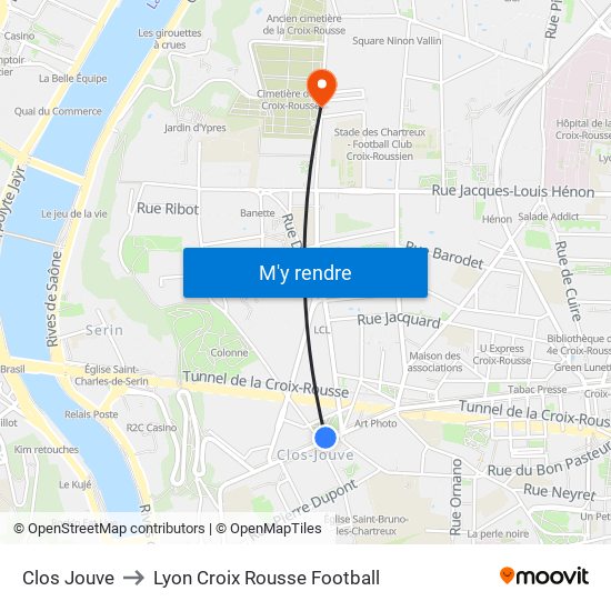 Clos Jouve to Lyon Croix Rousse Football map