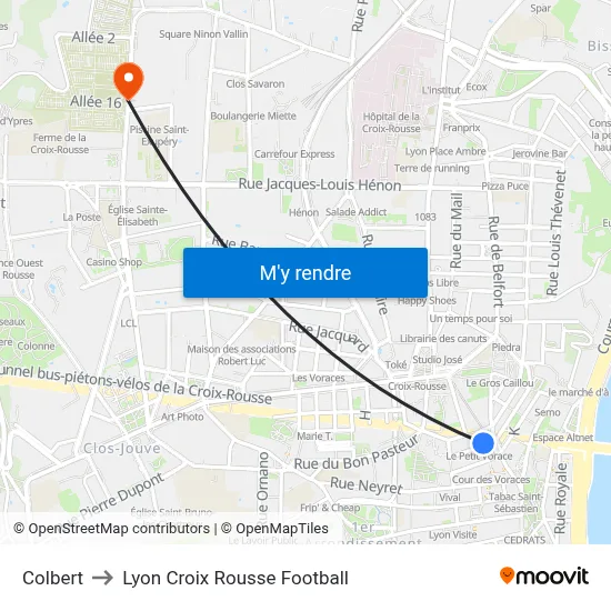 Colbert to Lyon Croix Rousse Football map