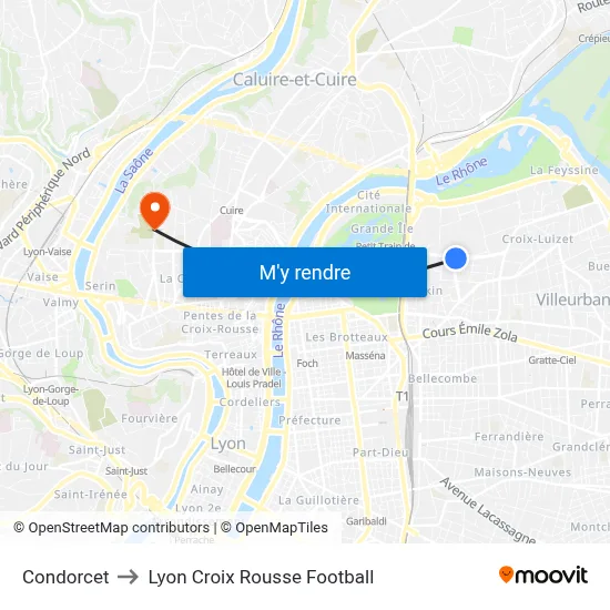 Condorcet to Lyon Croix Rousse Football map