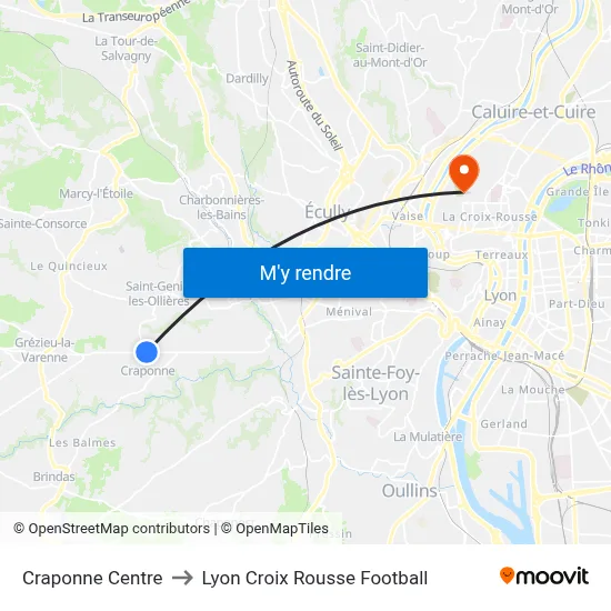Craponne Centre to Lyon Croix Rousse Football map