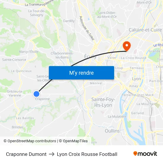 Craponne Dumont to Lyon Croix Rousse Football map