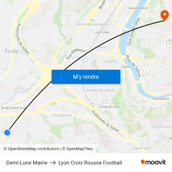 Demi-Lune Mairie to Lyon Croix Rousse Football map