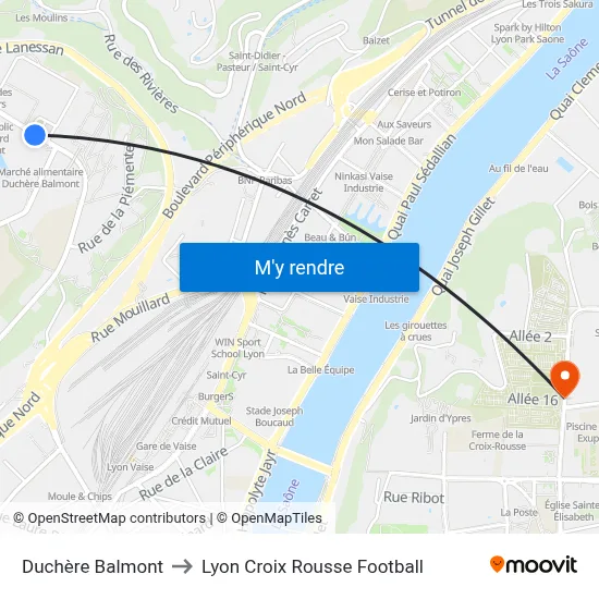 Duchère Balmont to Lyon Croix Rousse Football map