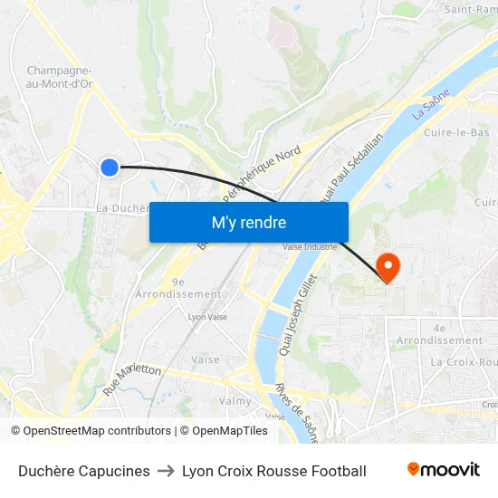 Duchère Capucines to Lyon Croix Rousse Football map