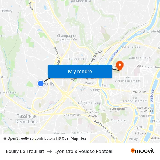 Ecully Le Trouillat to Lyon Croix Rousse Football map