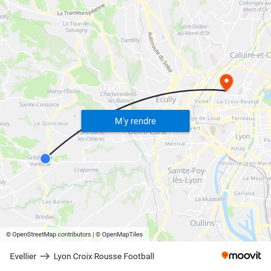 Evellier to Lyon Croix Rousse Football map