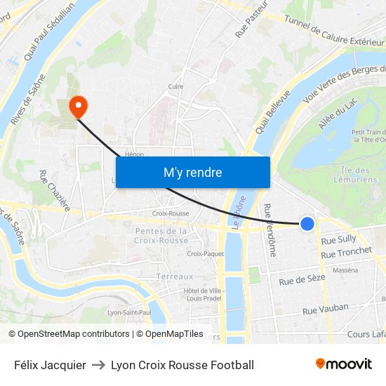 Félix Jacquier to Lyon Croix Rousse Football map
