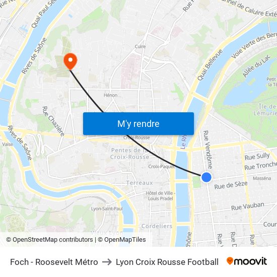 Foch - Roosevelt Métro to Lyon Croix Rousse Football map