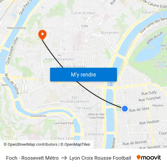 Foch - Roosevelt Métro to Lyon Croix Rousse Football map
