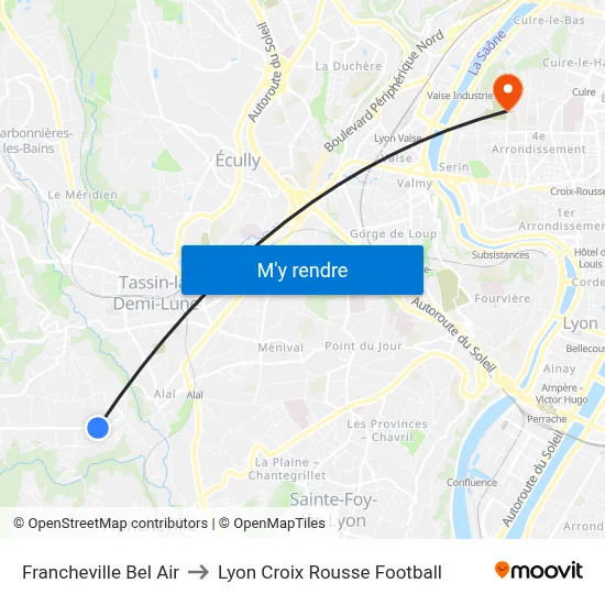 Francheville Bel Air to Lyon Croix Rousse Football map