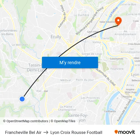 Francheville Bel Air to Lyon Croix Rousse Football map