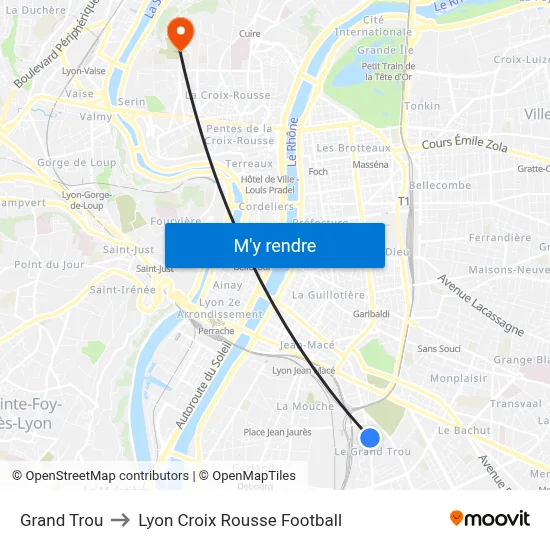 Grand Trou to Lyon Croix Rousse Football map