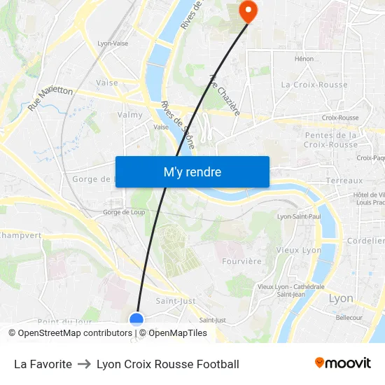 La Favorite to Lyon Croix Rousse Football map