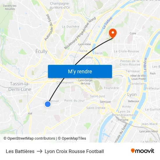 Les Battières to Lyon Croix Rousse Football map