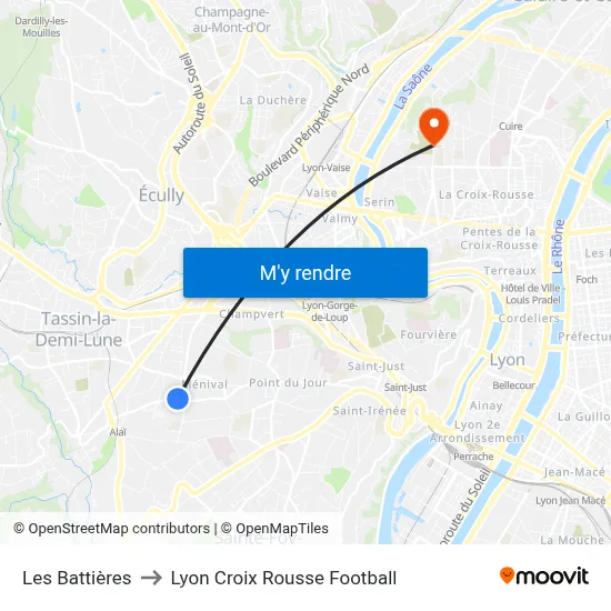 Les Battières to Lyon Croix Rousse Football map