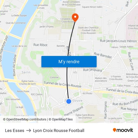 Les Esses to Lyon Croix Rousse Football map
