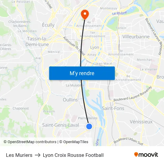 Les Muriers to Lyon Croix Rousse Football map