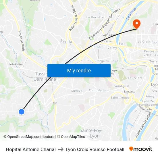 Hôpital Antoine Charial to Lyon Croix Rousse Football map