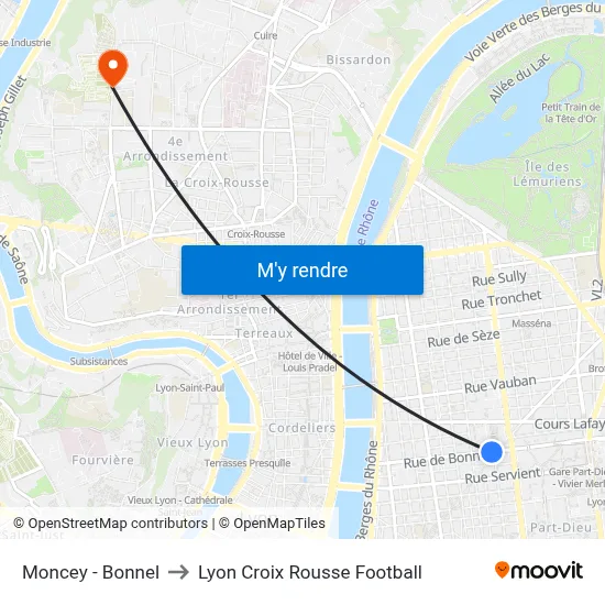 Moncey - Bonnel to Lyon Croix Rousse Football map