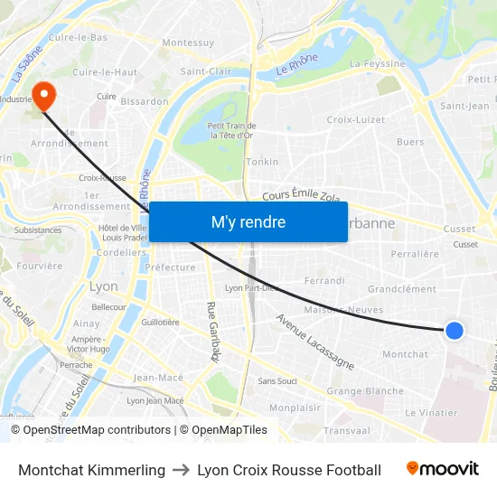 Montchat Kimmerling to Lyon Croix Rousse Football map