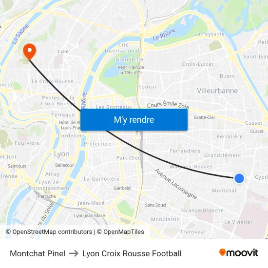 Montchat Pinel to Lyon Croix Rousse Football map