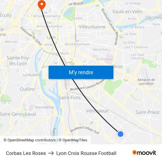 Corbas Les Roses to Lyon Croix Rousse Football map