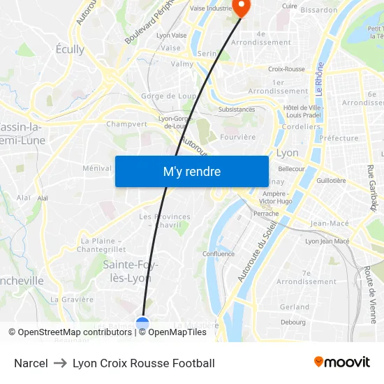 Narcel to Lyon Croix Rousse Football map