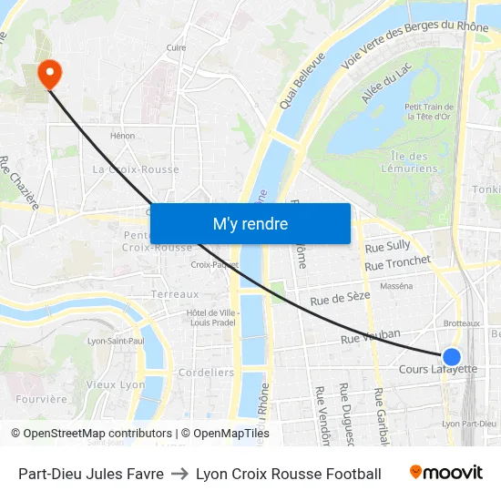 Part-Dieu Jules Favre to Lyon Croix Rousse Football map