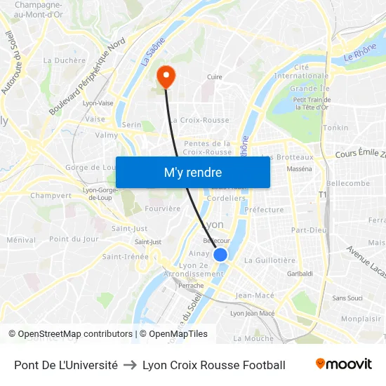 Pont De L'Université to Lyon Croix Rousse Football map