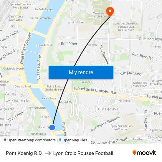 Pont Koenig R.D. to Lyon Croix Rousse Football map