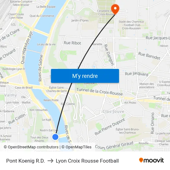 Pont Koenig R.D. to Lyon Croix Rousse Football map