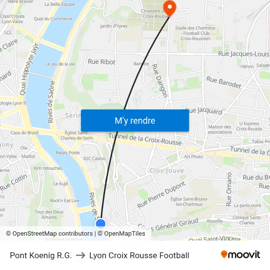 Pont Koenig R.G. to Lyon Croix Rousse Football map