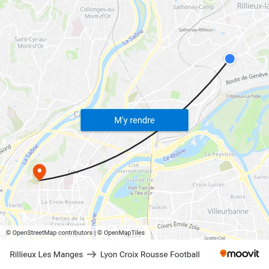 Rillieux Les Manges to Lyon Croix Rousse Football map