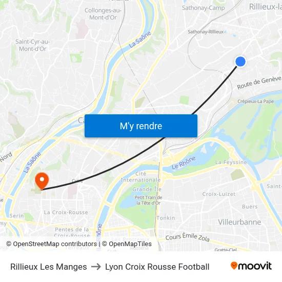 Rillieux Les Manges to Lyon Croix Rousse Football map