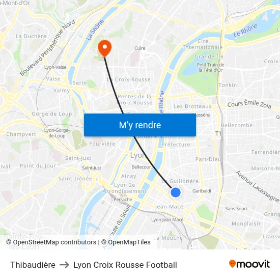 Thibaudière to Lyon Croix Rousse Football map